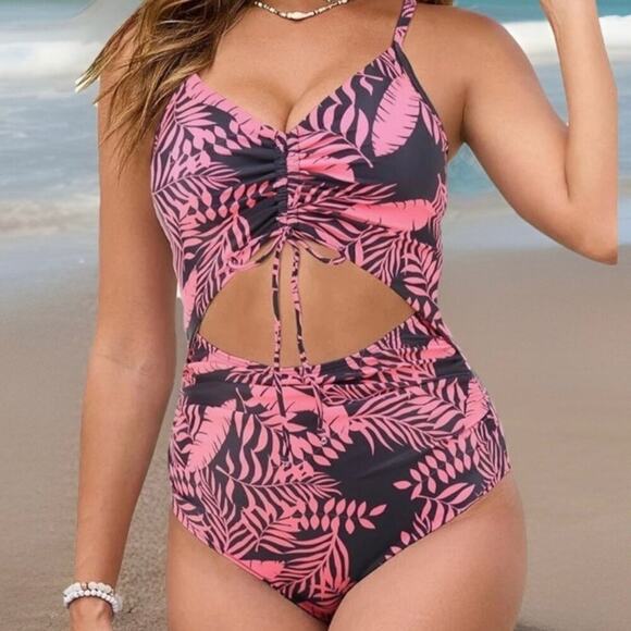 Viaurbe Women’s One Piece Swimsuit Small Black Pink Tropical Print Cutout Ruched - Picture 4 of 9